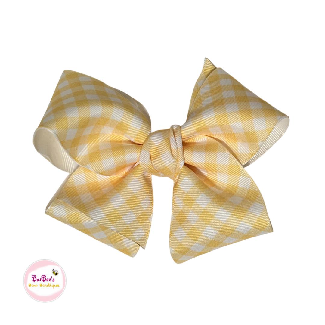 Spring Gingham Classic Double Ribbon Hair Bow on Clip Aua, Orchid, Pink, Yellow