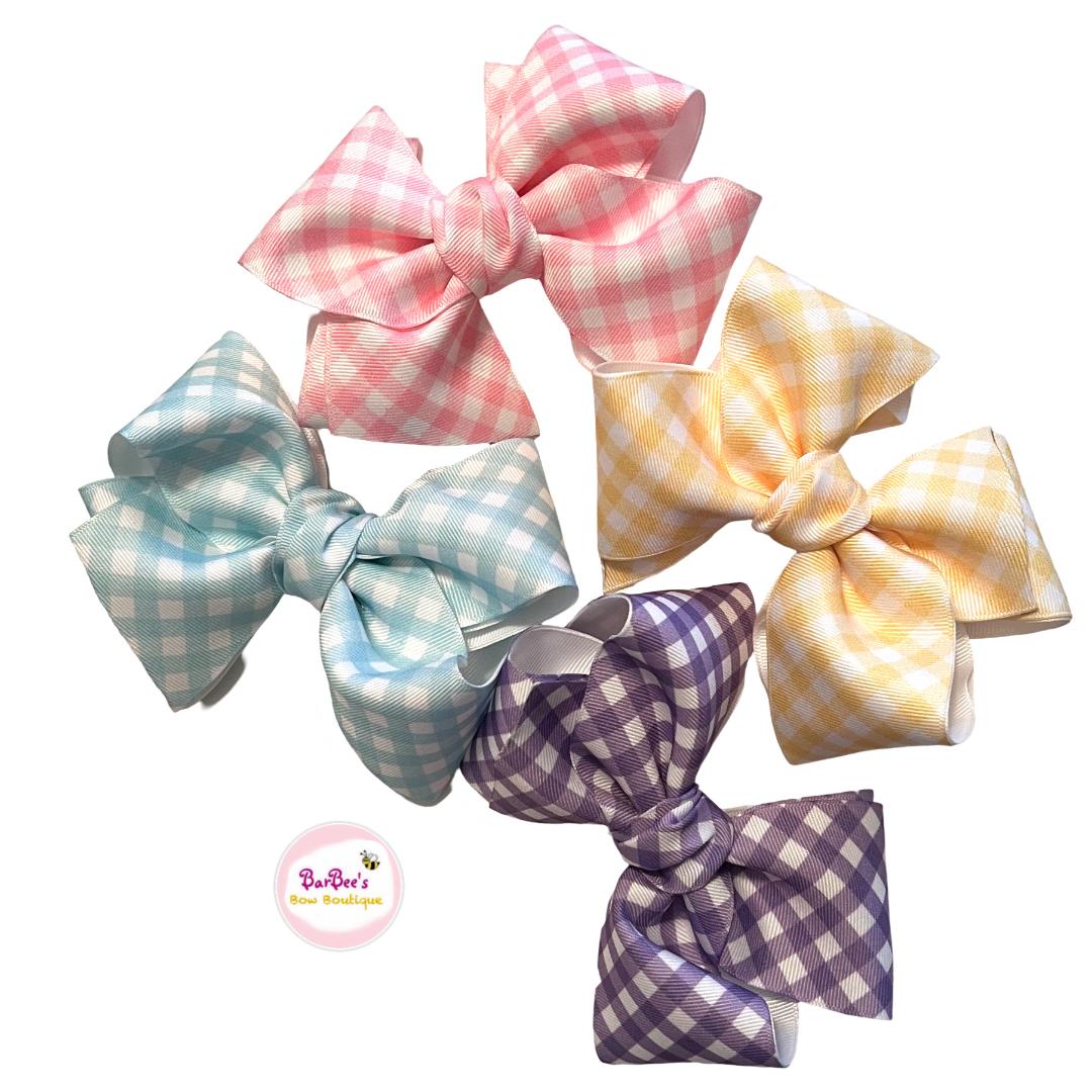 Spring Gingham Classic Double Ribbon Hair Bow on Clip Aua, Orchid, Pink, Yellow