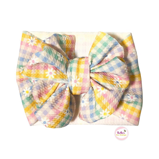 Gingham and Daisy Multicolor Pastel Messy Bow Headwrap, Hair Bows and Piggy Set