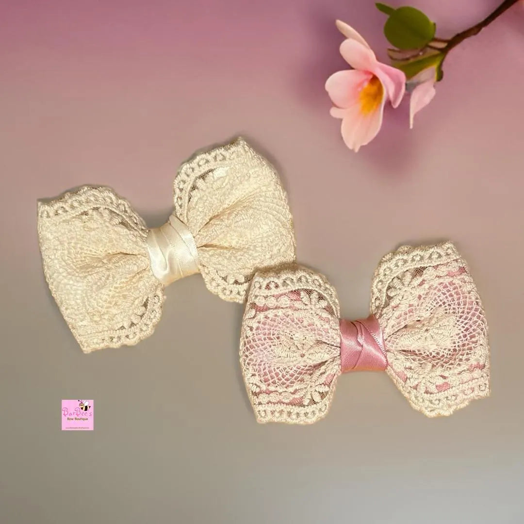 Ivory Lace and Satin Hair Bow Clip White Lace and Satin Ribbon Baby Girl Hair Bow Headband Special Occasion Bow Birthday Baptism