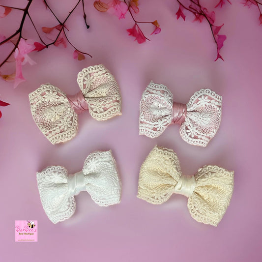 Ivory Lace and Satin Hair Bow Clip White Lace and Satin Ribbon Baby Girl Hair Bow Headband Special Occasion Bow Birthday Baptism