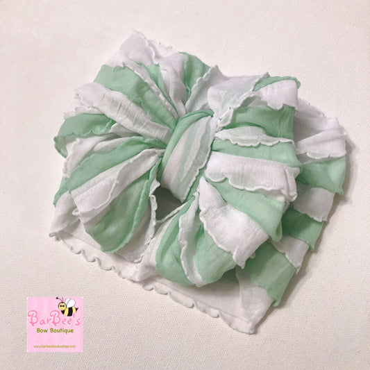 White and Mint Green Ruffle Bow HeadWrap and Hair Bows