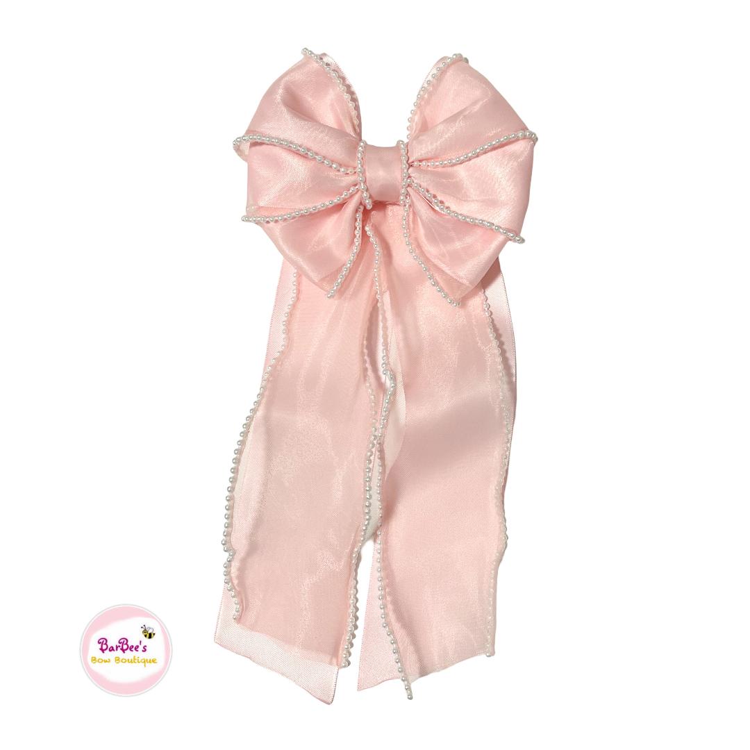 Pink Pearl Edge Organza and Satin Ribbon Long Hair Bow