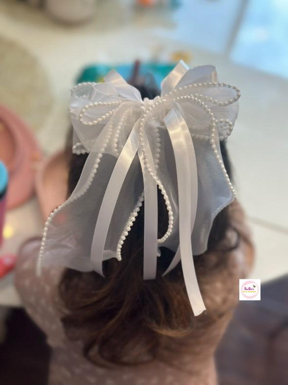 Pearl Edge Long Tail Organza Ribbon Hair Bow White, Pink, Blue