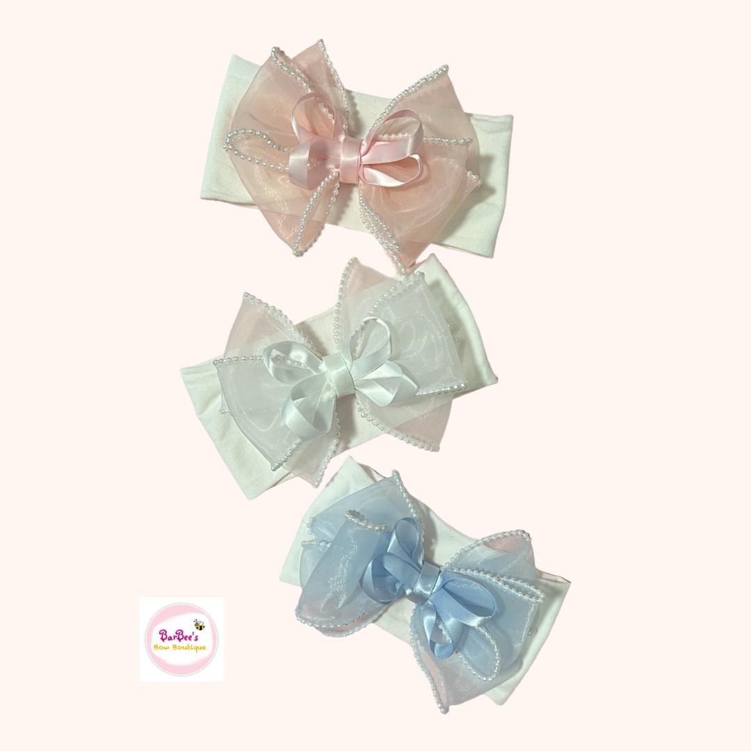 Pearl Edge Organza Ribbon Hair Bow and Headband, White, Pink, Blue