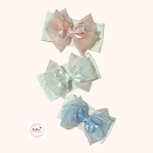 Pearl Edge Organza Ribbon Hair Bow and Headband, White, Pink, Blue