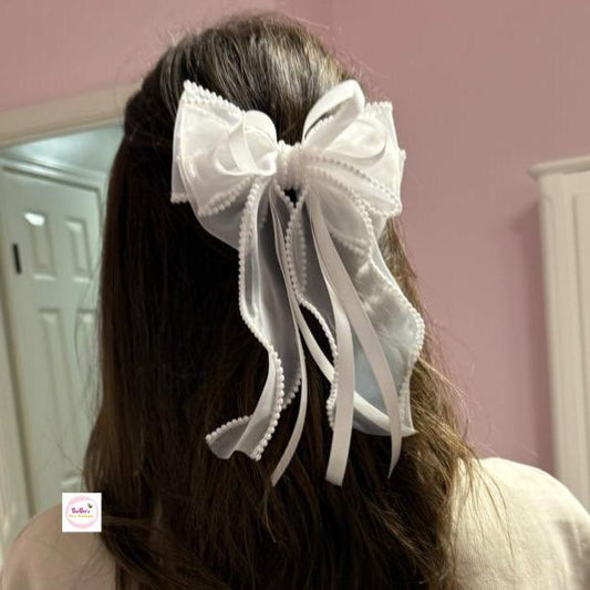 Pearl Edge Long Tail Organza Ribbon Hair Bow White, Pink, Blue