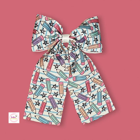 Long Tail Tassel Pencil Print Grosgrain Ribbon Hair Bow Clip
