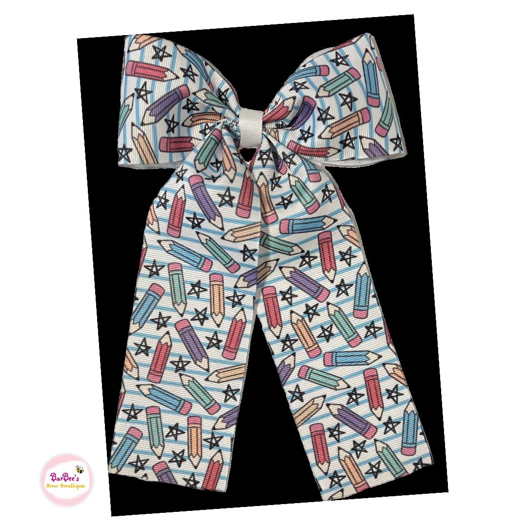 Long Tail Tassel Pencil Print Grosgrain Ribbon Hair Bow Clip