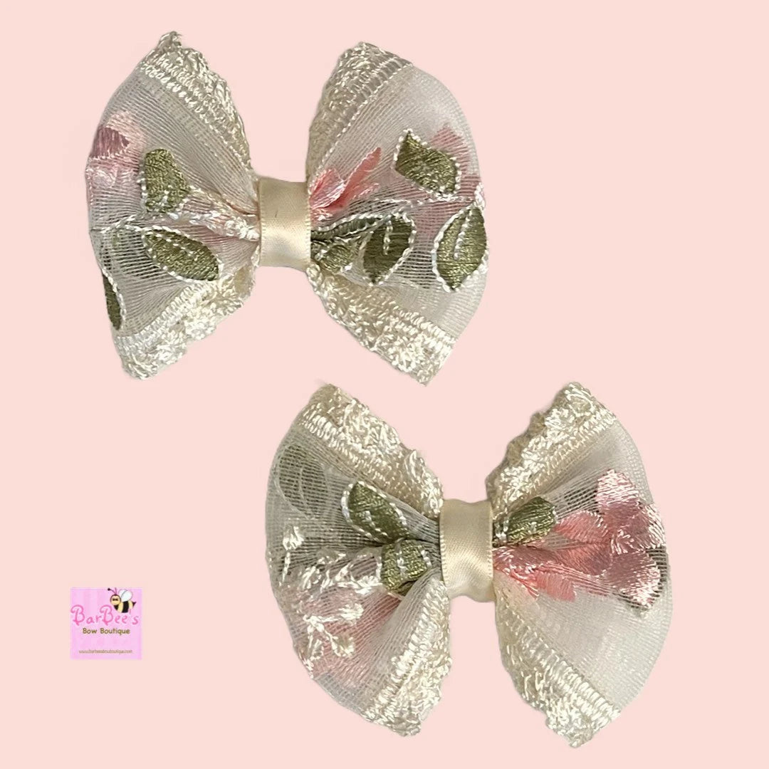 Mini 3" Ivory Chiffon Embroidered with Pink Flowers Hair Bow and Piggy Bows