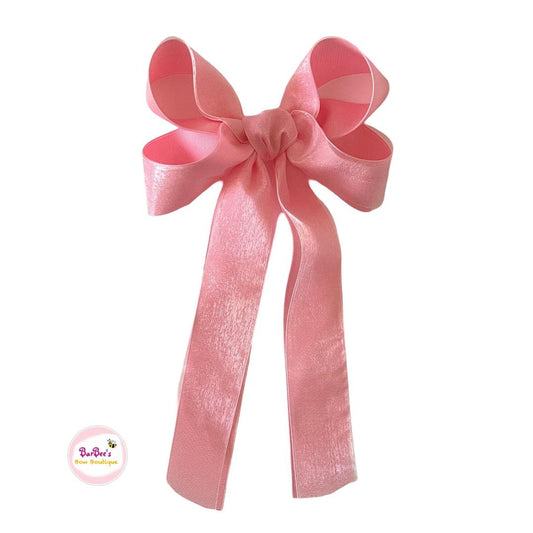 Pink Classic Long Tail Organza and Grosgrain Ribbon Hair Bow, Tassel Grosgrain and Organza Ribbon Hair Bow Clip