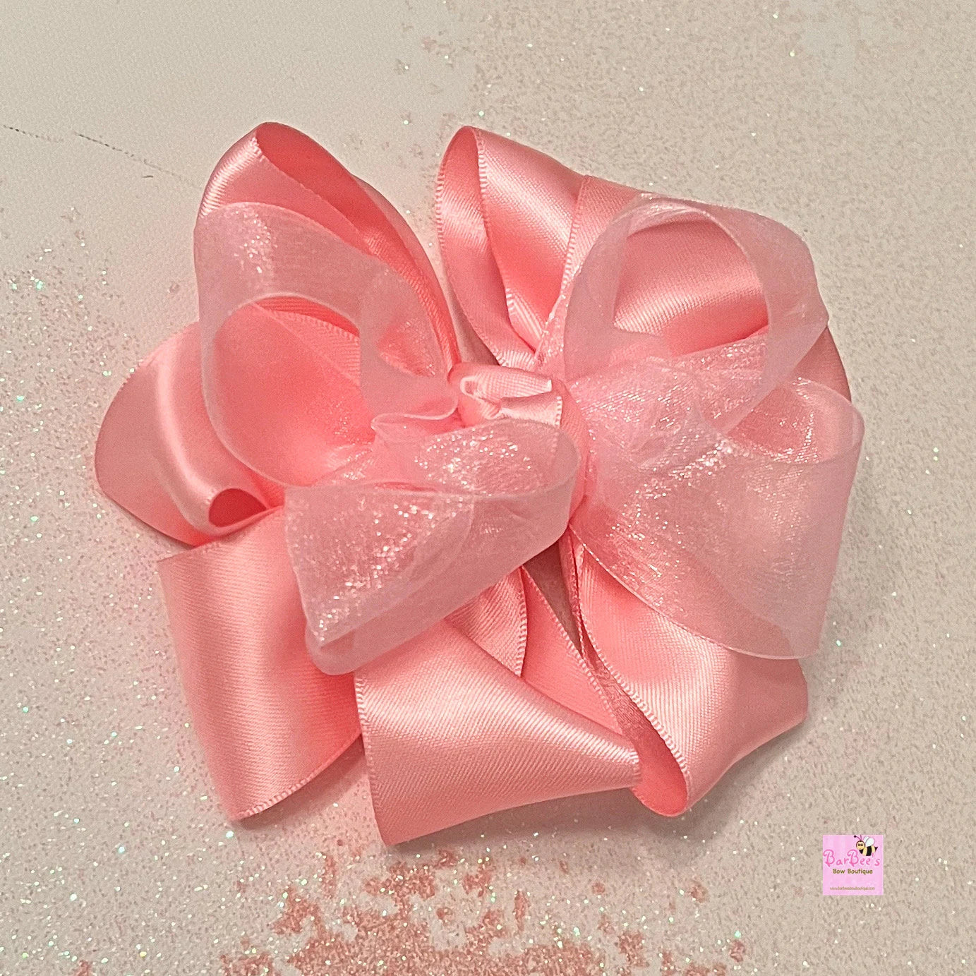 Pink Satin and Organza Ribbon Hair Bow, Baby Girl Special Occasion Satin Hair Bow Clip Satin Hair Bow Newborn Satin Hair Bow Headband