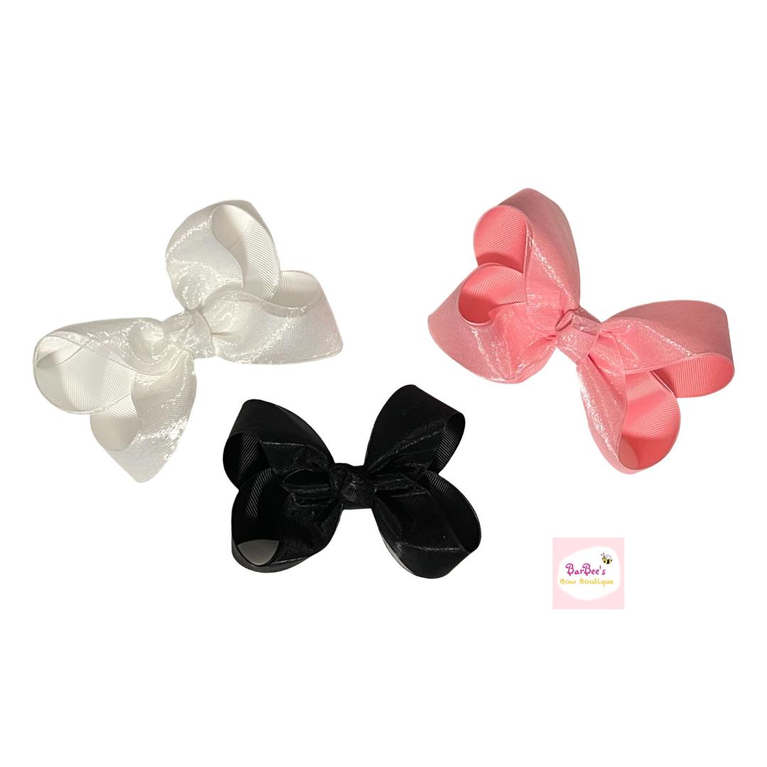 White, Black or Pink Organza Overlay Grosgrain Ribbon Hair Bow