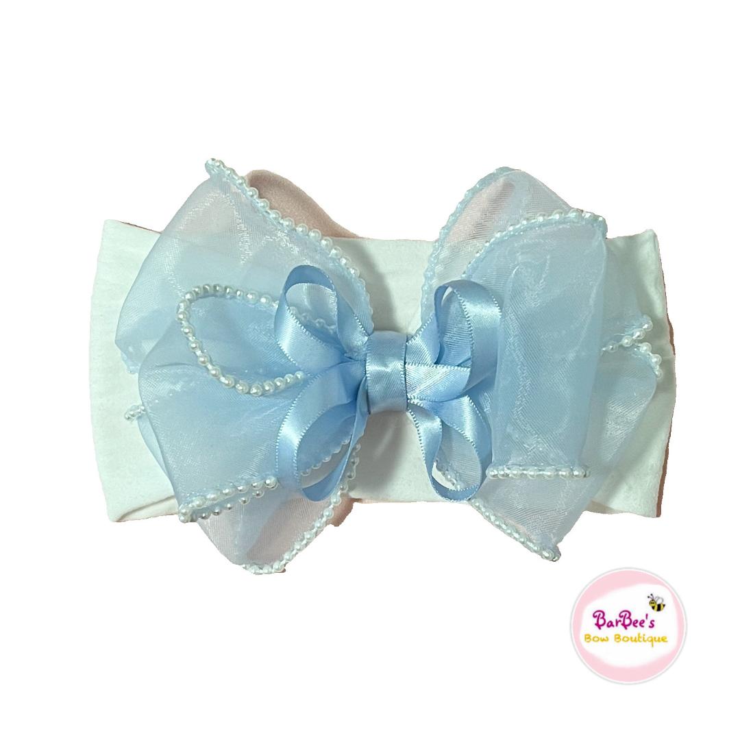 Pearl Edge Organza Ribbon Hair Bow and Headband, White, Pink, Blue