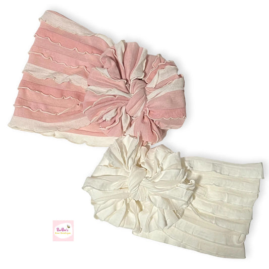 Eggshell White and Tickle Pink Ruffle Bow HeadWrap and Hair Bows Set of 2