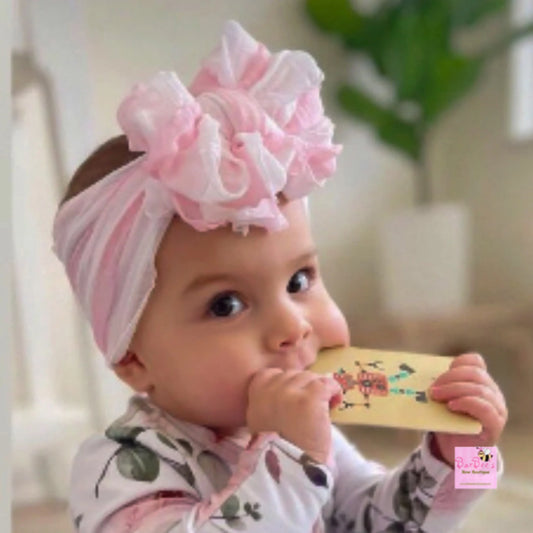 White and Pink Ruffle Bow HeadWrap and Hair Bows