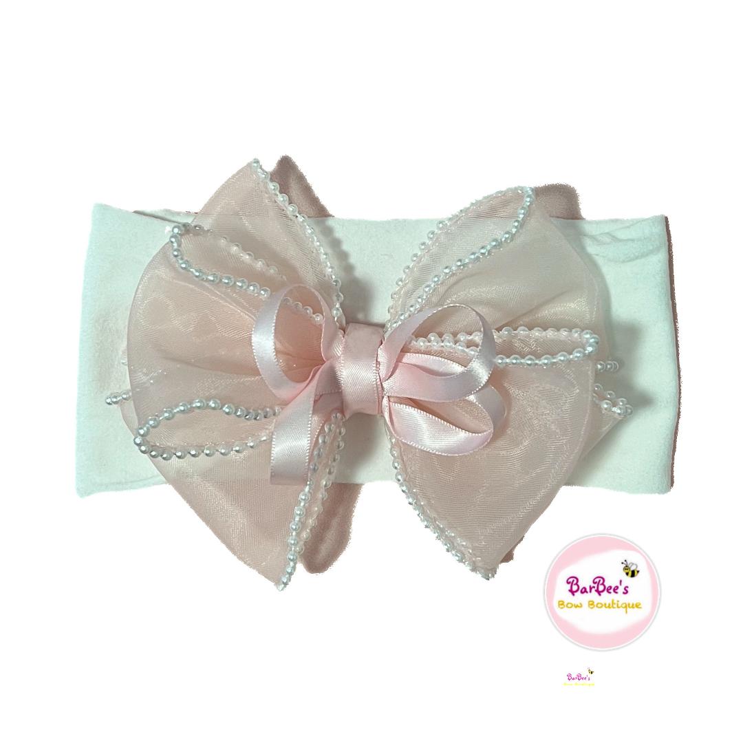 Pearl Edge Organza Ribbon Hair Bow and Headband, White, Pink, Blue