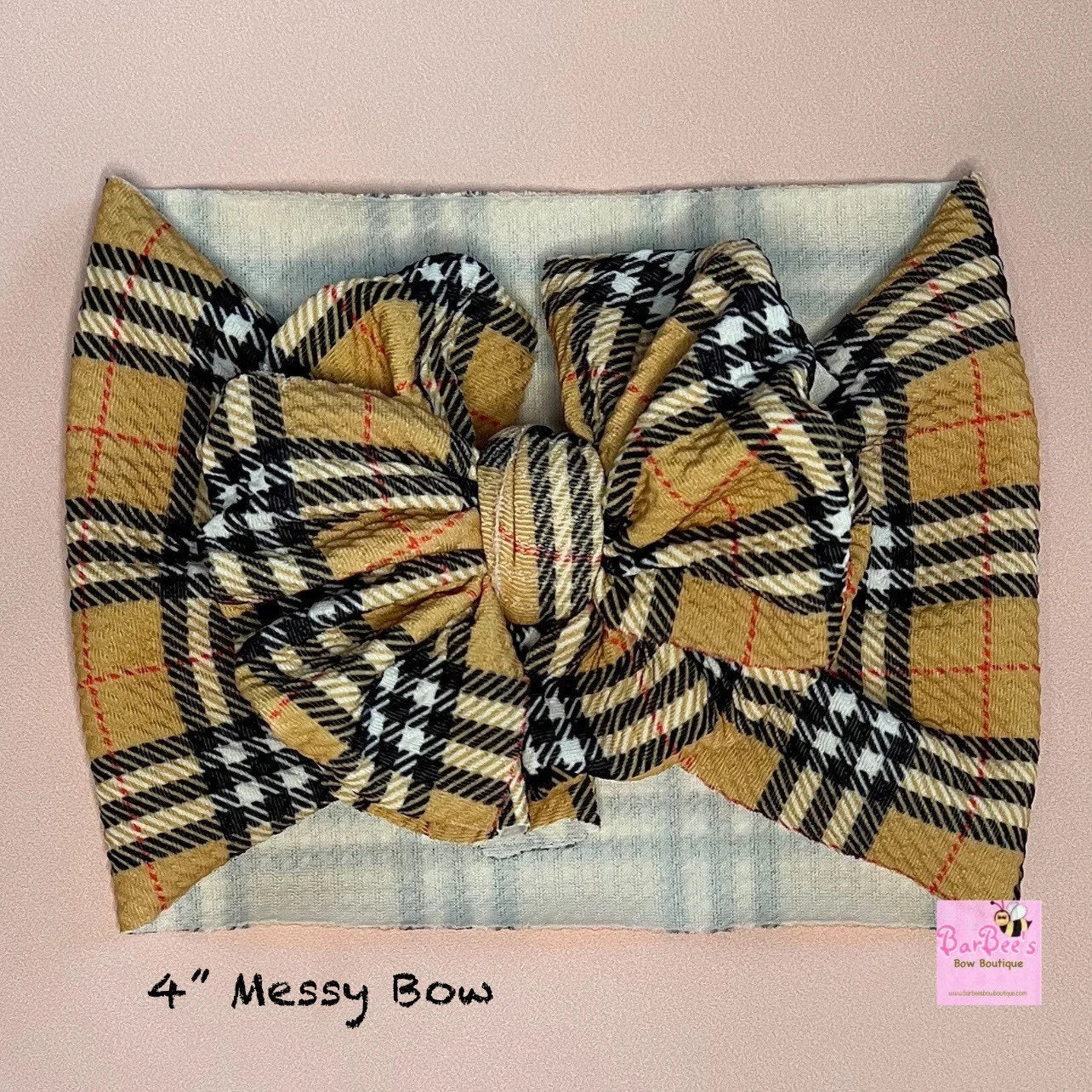 Tan Plaid Messy Bow HeadWrap or Classic Bow HeadWrap and Hair Bows