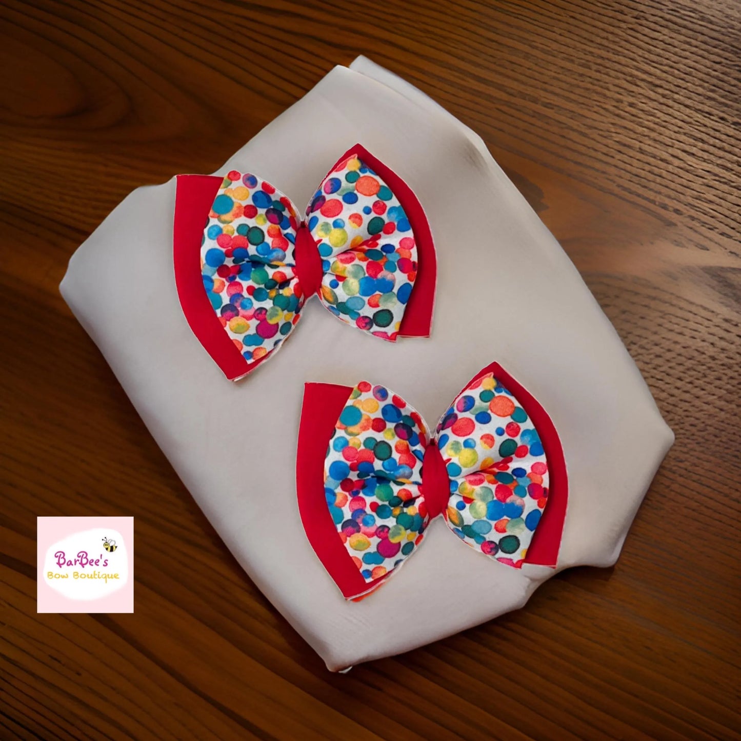 Red with Colorful Confetti Print Puffy Hair Bow