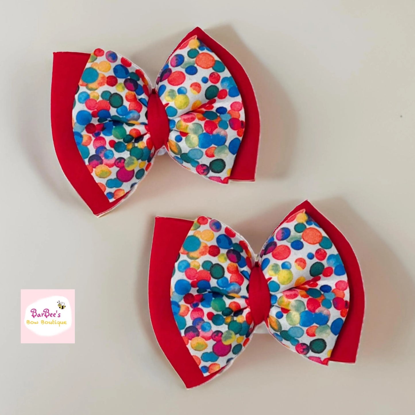 Red with Colorful Confetti Print Puffy Hair Bow