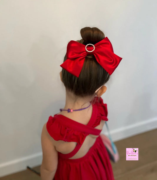 Red or Ivory Satin Long Sailor Bow with Embellishment