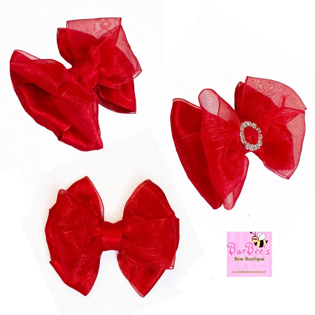 Red, Gold or Ivory Satin and Organza Hair Bows Girls Satin Bow Clip