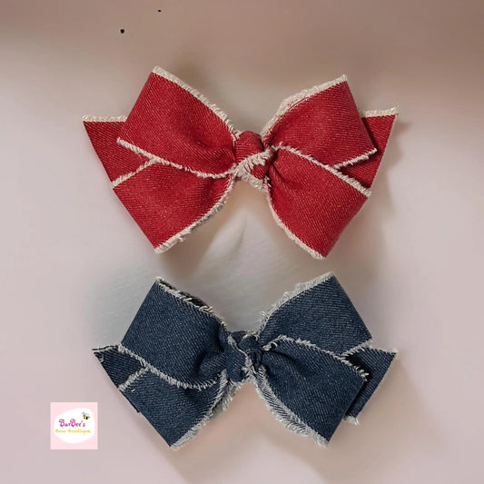 Denim Frayed Ribbon Hair Bow Clip Red or Dark Blue Denim Ribbon Bow