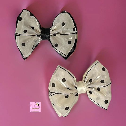 Ivory or Black Satin Ribbon with Organza Polka Dot Overlay Hair Bow Clip