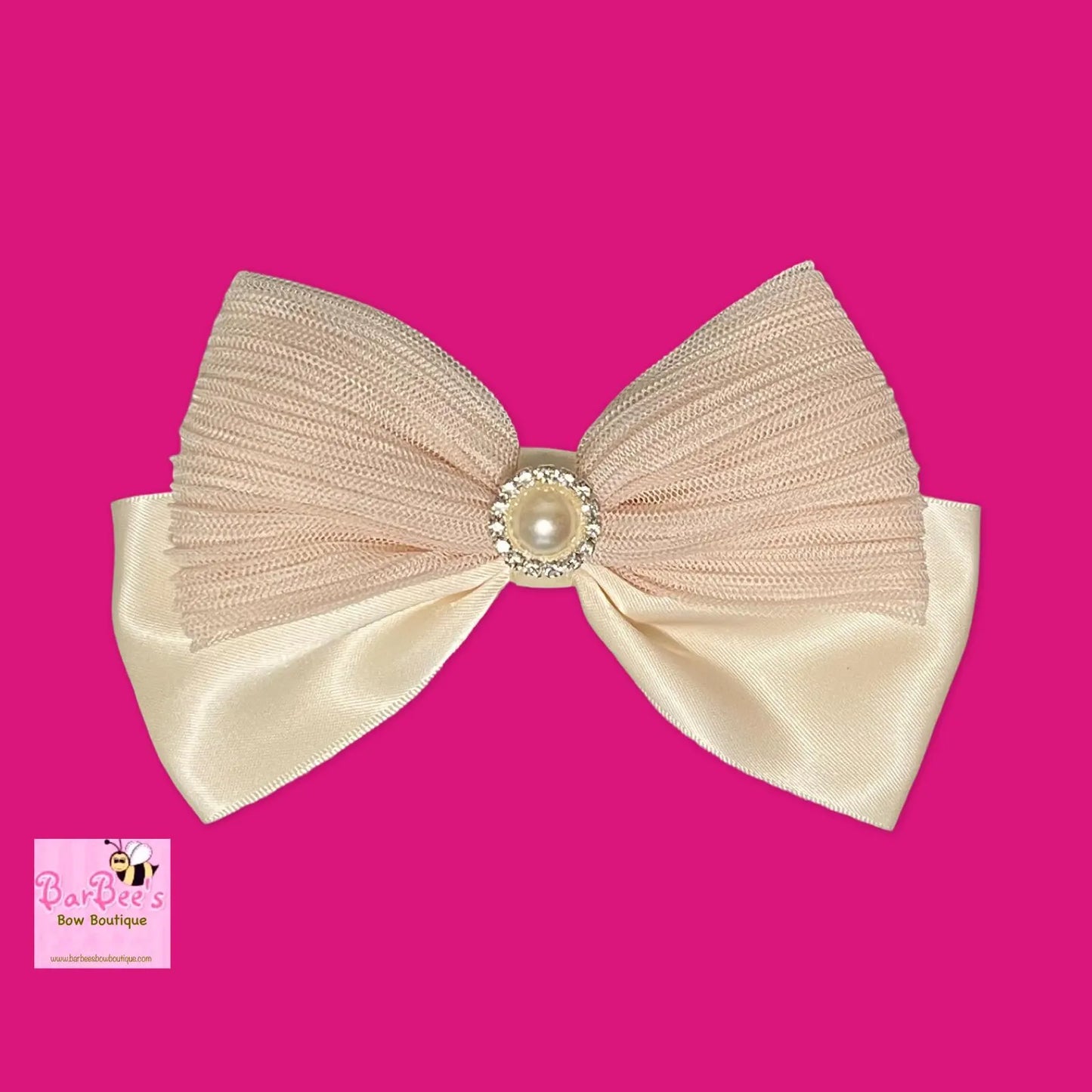 Ivory Satin and Crinkle Tulle Hair Bow Girl Adult Special Occasion Satin Hair Bow Clip