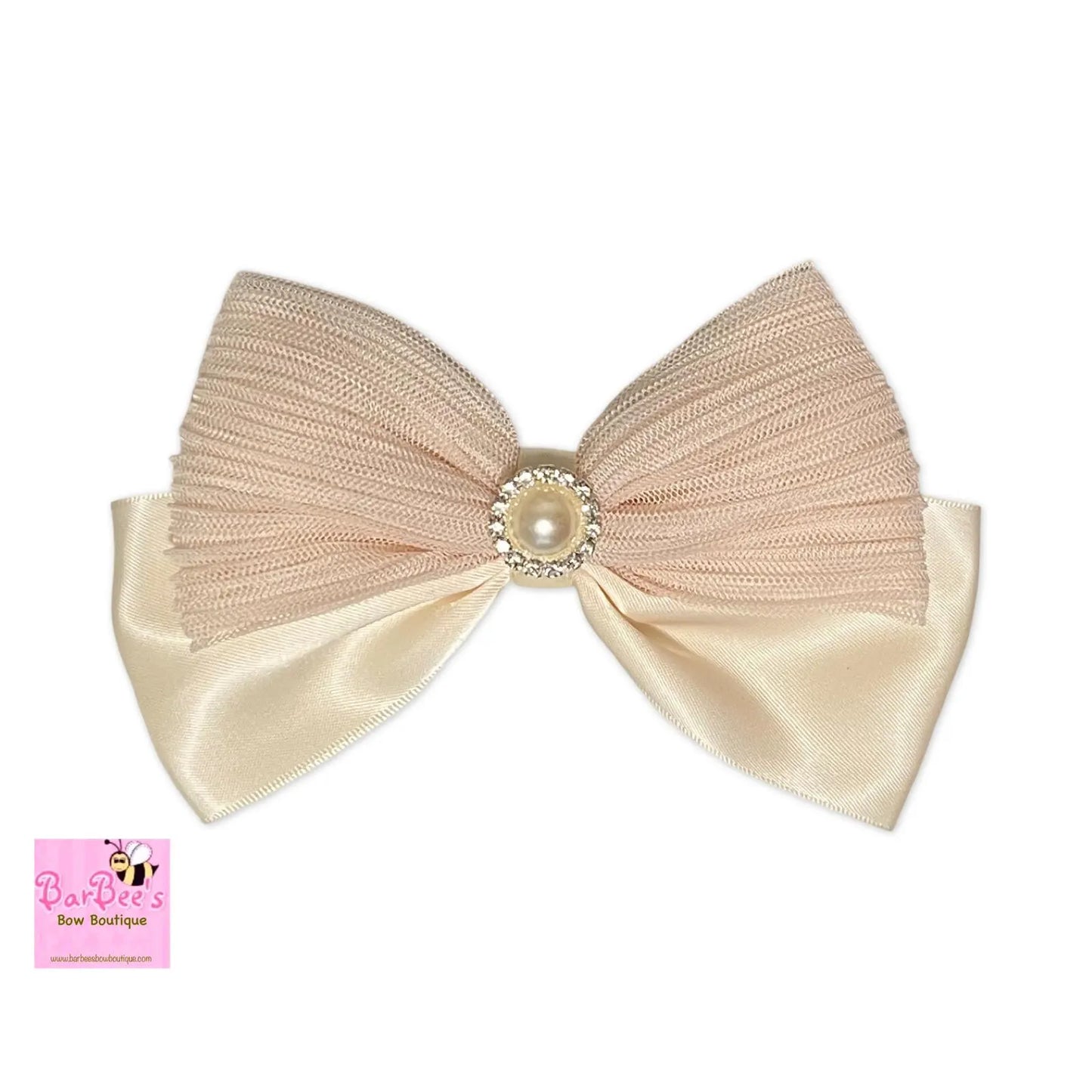 Ivory Satin and Crinkle Tulle Hair Bow Girl Adult Special Occasion Satin Hair Bow Clip