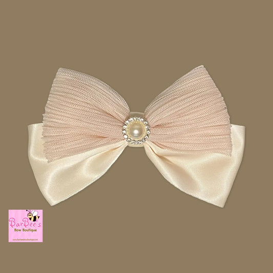 Ivory Satin and Crinkle Tulle Hair Bow Girl Adult Special Occasion Satin Hair Bow Clip