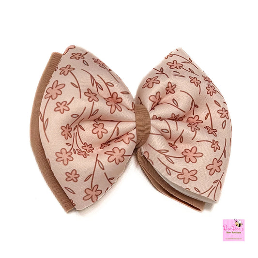 Tan Flower Print Puffy Hair Bow