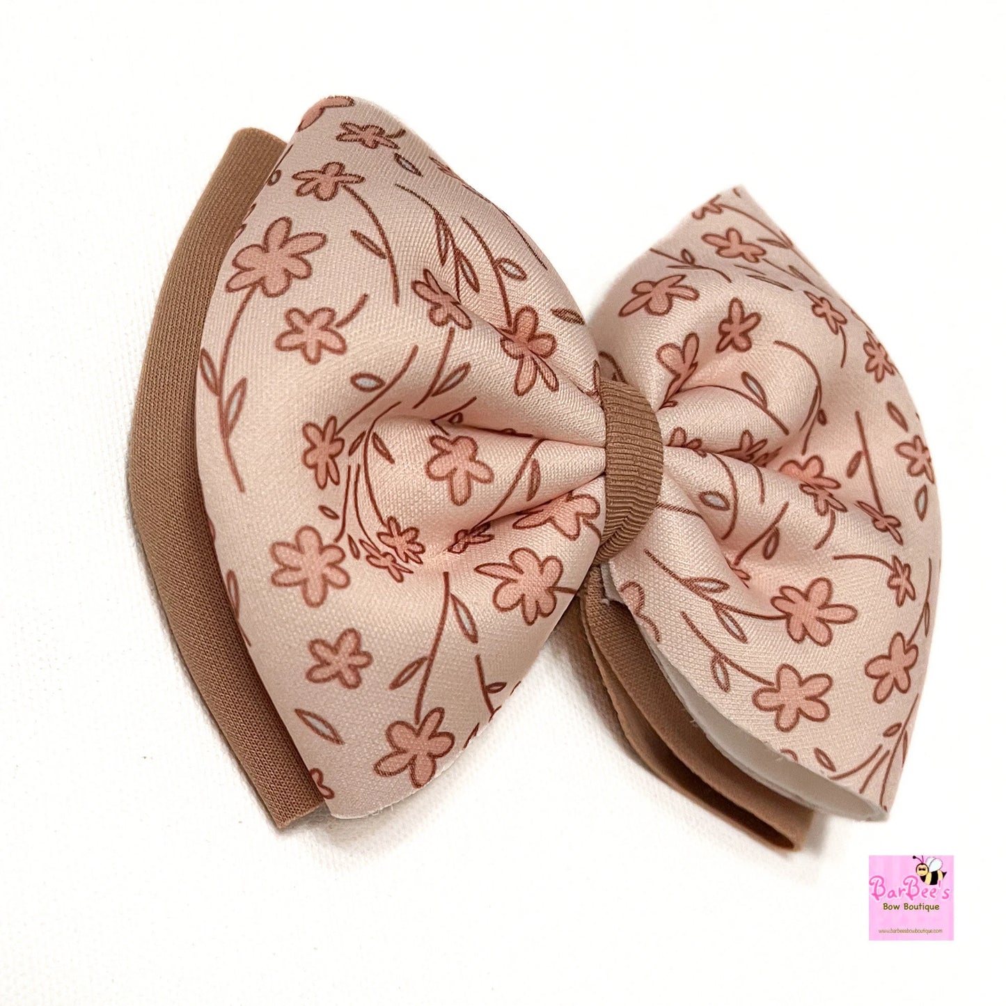 Tan Flower Print Puffy Hair Bow