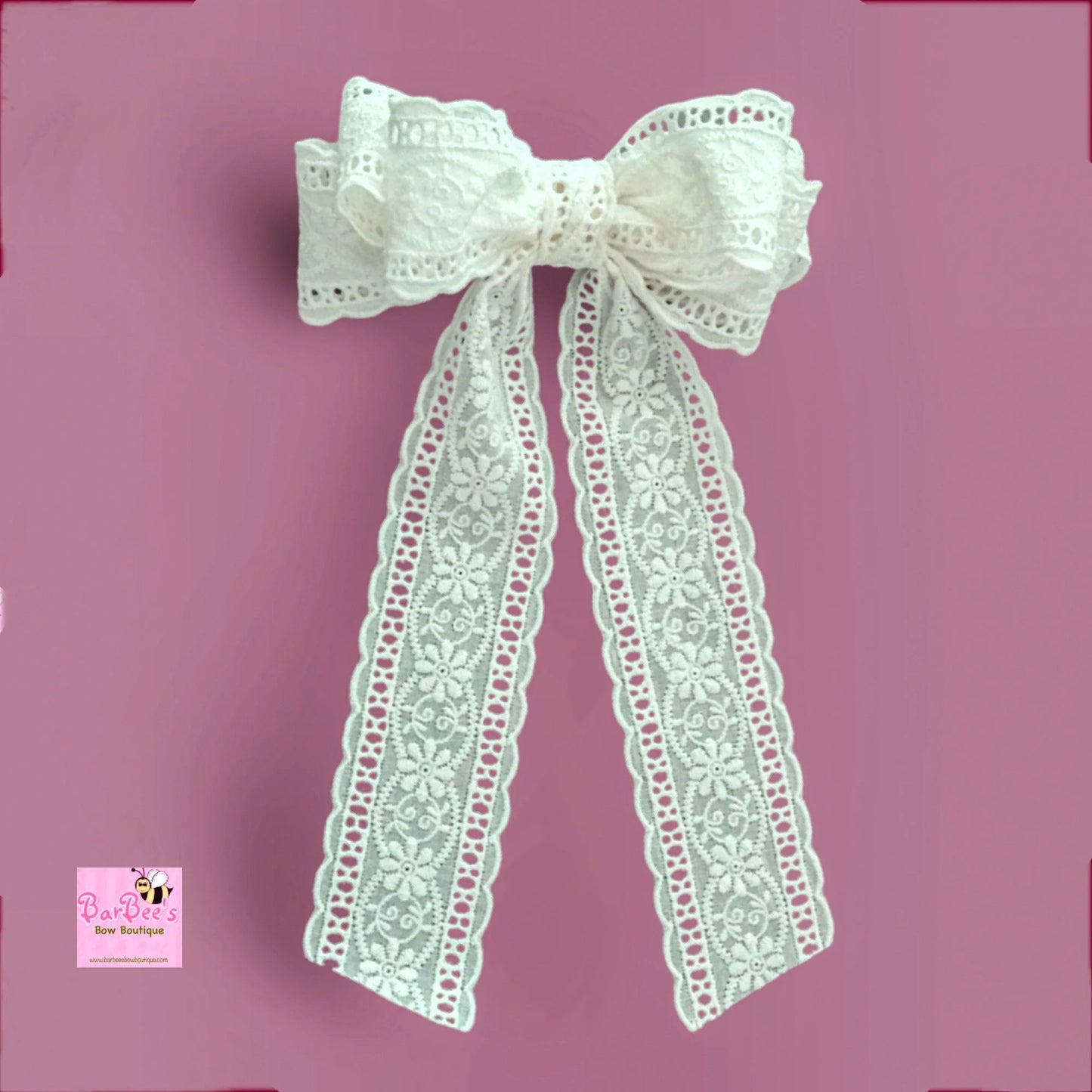 White or Soft Beige Lace Embroidered Long Tail Lace Ribbon Hair Bow Clip Toddler Girl Hair Bow Clip