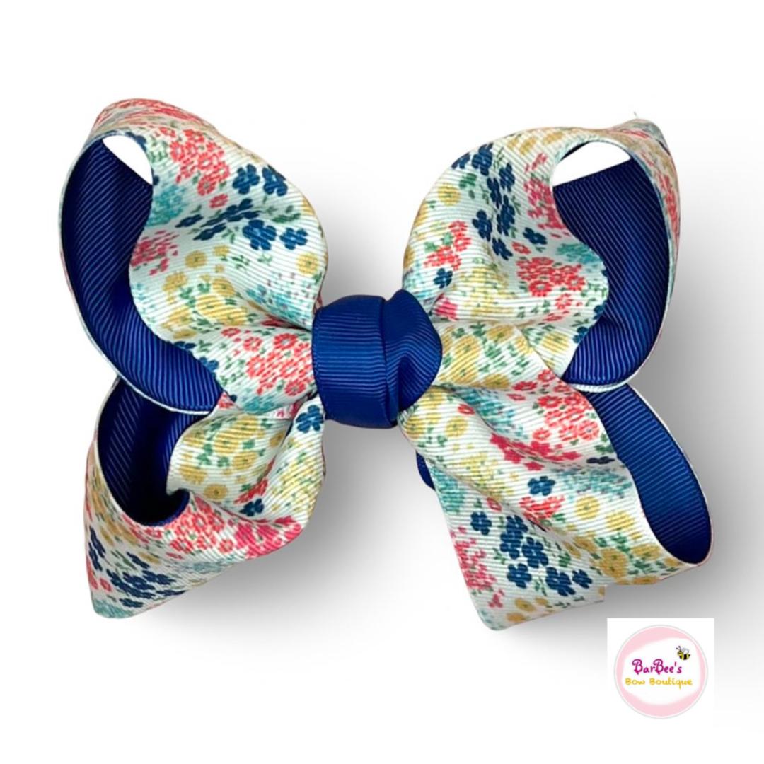 Whimsy Wildflowers with Blue Undertone Double Ribbon Hair Bow