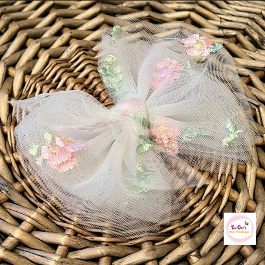 Tulle Pink Embroidered Floral Hair Bow Headband