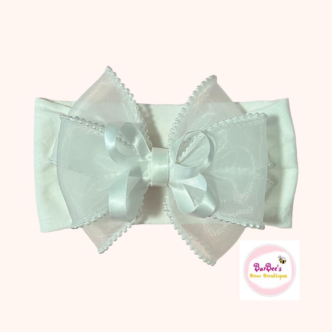 Pearl Edge Organza Ribbon Hair Bow and Headband, White, Pink, Blue