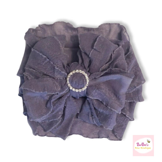 Steel Orchid Ruffle Bow HeadWrap and Hair Bows with Circle Slider Rhinestones